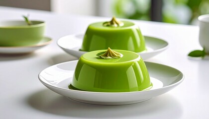 Green melon pudding at plate with vanilla topping