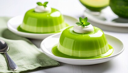 Green melon pudding at plate with vanilla topping