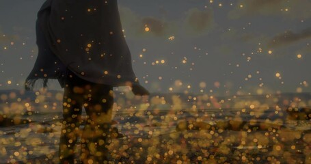 Travel woman sharing shawl on shore, man approaching lifting piggyback, golden particles shimmering - Powered by Adobe