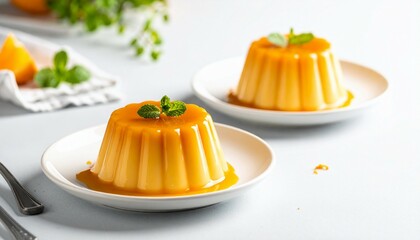 orange pudding at plate with vanilla topping