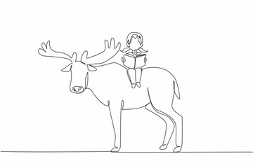 Continuous one line drawing young girl reading book on cute moose. Reading. Learning while playing. Effective. The nerd. Girl Reading Book at Animal Back. Single line draw design vector illustration
