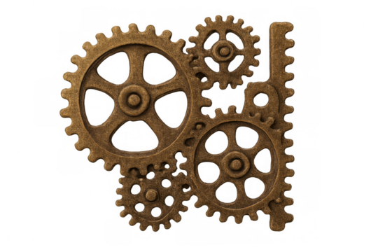 Brass gears meshing and rotating against transparent backdrop, highlighting precision mechanics for industrial design concept