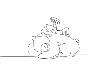 Continuous one line drawing the young girl reading book on cute bear. Opposite conditions. The diligent and the lazy. Girl Reading Book at Animal Back. Single line draw design vector illustration