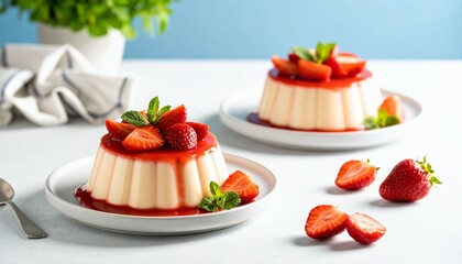 Strawberry pudding at plate with vanilla topping