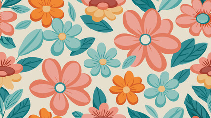 Obraz premium Retro style coral blue and orange floral seamless pattern on cream background vintage