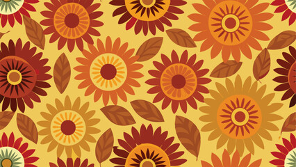Retro floral seamless pattern with warm autumn colors and leaves 1960s