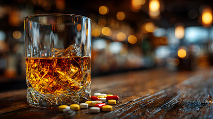 Glass of whiskey alongside scattered pills symbolizing the opioid crisis, highlighting the dangers of mixing alcohol and drugs, addiction awareness, substance abuse risks, and critical publi81518596 2