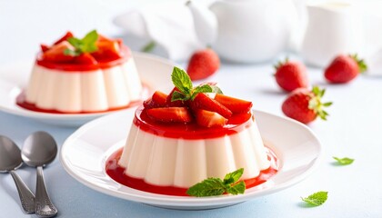 Strawberry pudding at plate with vanilla topping