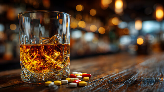Glass of whiskey alongside scattered pills symbolizing the opioid crisis, highlighting the dangers of mixing alcohol and drugs, addiction awareness, substance abuse risks, and critical publi81518596 2