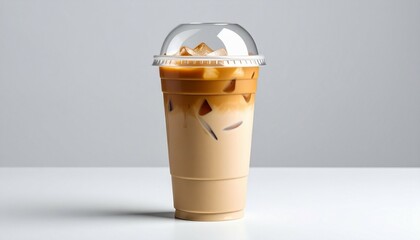 Plastic cup of ice coffee latte on studio photo