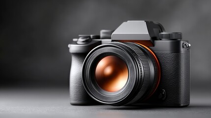 Modern DSLR Camera with Large Lens on Gray Surface High resolution image of professional photography equipment