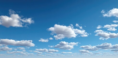 Wide shot of a mostly clear blue sky dotted with fluffy cumulus clouds