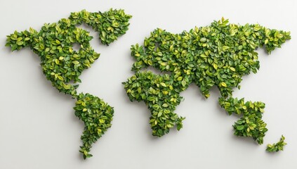 World map crafted from vibrant green leaves on a white backdrop