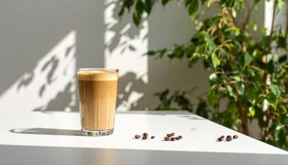 glass of coffee latte with latte art on natural lighting