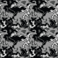 Black camouflage seamless pattern. Splashes masking camo repeat print. Classic clothing style masking dark camo, repeat print. Vector background