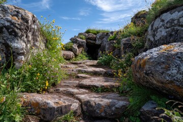 Stone path leading to a dark, low entrance between mossy rocks and wildflowers under a bright sky