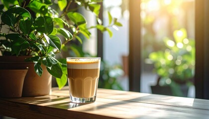 glass of coffee latte with latte art on natural lighting