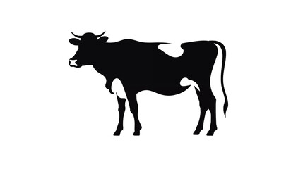 A simple vector illustration of a dairy cow with white spots stands against transparent background.