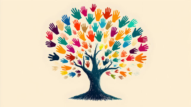Illustration of diverse colorful hands uplifting a vibrant tree, symbolizing giving, social responsibility, philanthropy, humanitarianism, charity, community unity, and collective care for a76364440 2