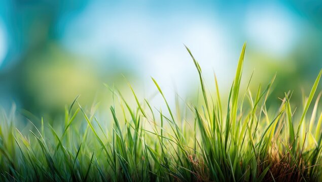 Close-up of vibrant green grass blades against a soft-focus blue-green background