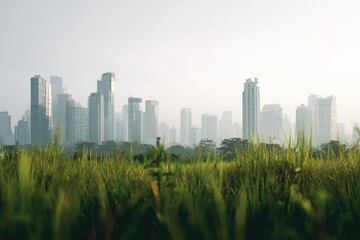 Hazy cityscape view from a grassy field