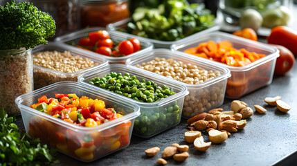 Nutritious meal prep featuring fresh vibrant vegetables and whole grains neatly arranged in containers perfect for diet planning portion control healthy eating and balanced lifestyle managem13869519 1