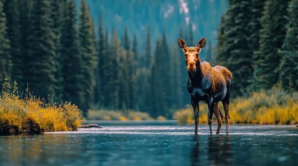 Moose wading in a river, surrounded by autumnal forest