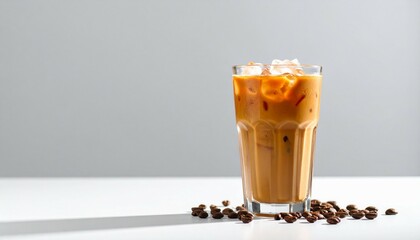 Glass of ice coffee latte on studio photo lighting at top table