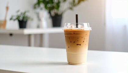 Plastic cup of ice coffee latte on studio photo lighting at top table