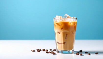 Plastic cup of ice coffee latte on studio photo lighting at top table