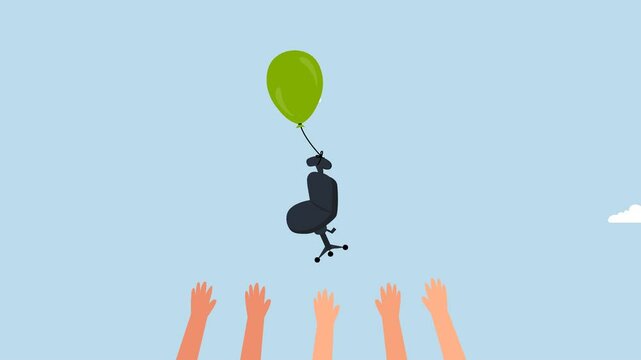4k animation of candidates try to catch office chair flying in the air with balloon.