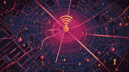 5g signal coverage area map flat design top view digital mapping theme animation Triadic Color Scheme.