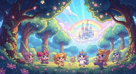 Fototapeta premium Enchanting Forest Realm with Whimsical Creatures and Majestic Castle Under Rainbow Sky