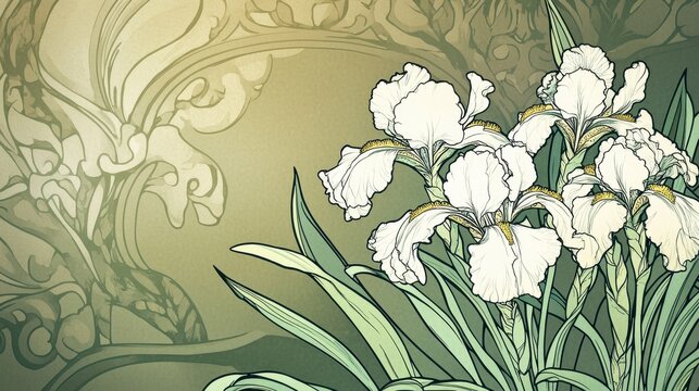 Delicate white irises in an art nouveau style.