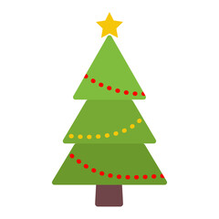 Christmas tree with garlands isolated on a white background. Colored icon, vector illustration, design element for card, invitations and christmas decor.	