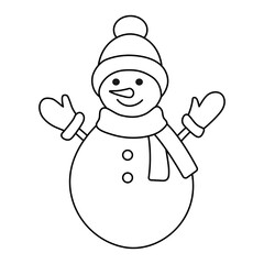Outline drawing of snowman isolated on a white background. Linear icon, vector illustration. Cheerful snowman with cap, mittens and scarf.