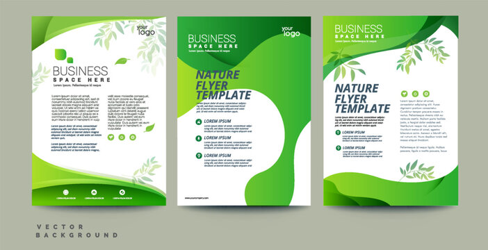 Green eco flyer, poster, brochure, magazine, annual report, booklet, cover banner template. Modern green leaf, environment design