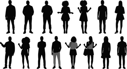 Vector silhouettes men and women, illustration. Silhouettes of young people posing in casual clothes. EPS 10 version.