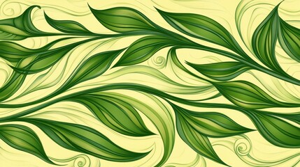 Ornate green leaves on a pale yellow background.