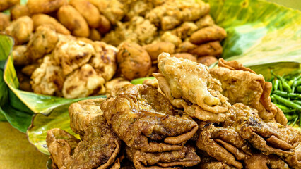 Street food, A variety of delicious Indonesian fried snacks served on banana leaves