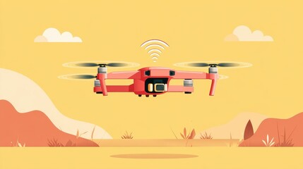 Drone sending live feed flat design side view outdoor adventure theme animation Split-complementary color scheme. 