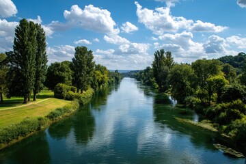 Fototapeta premium Calm river reflecting clouds, flanked by lush green banks and tall trees under a bright blue sky