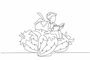 Single continuous line drawing boy reading on pile of strawberries. Learning how to harvest properly. Very satisfactory. Boy Reading Book at Vegetables and Fruits. One line design vector illustration