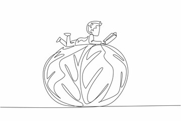 Single one line drawing boy reading on red cabbage. Read benefits of the ingredients contained in red cabbage. Boy Reading Book at Vegetables and Fruits. Continuous line design graphic illustration