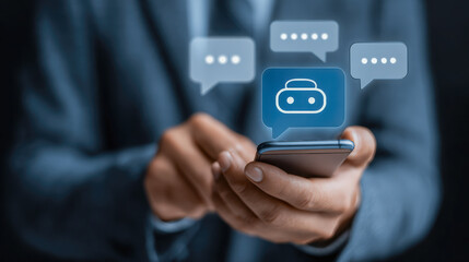 A person interacts with a smartphone displaying chatbot icons, symbolizing AI communication and digital messaging.