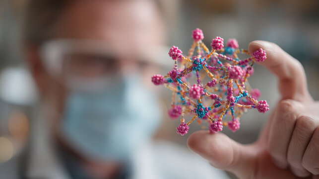 A scientist wearing glasses and a mask holds a colorful molecular model, symbolizing research and scientific study in a lab setting.