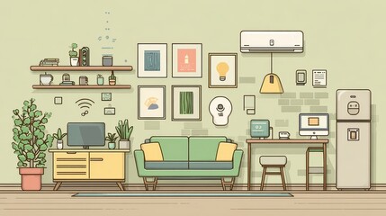 Internet of things home setup flat design front view modern interior theme cartoon drawing colored pastel.