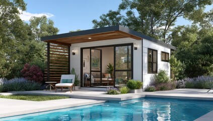Fototapeta premium Modern, minimalist studio beside a pool, showcasing large windows and wooden accents