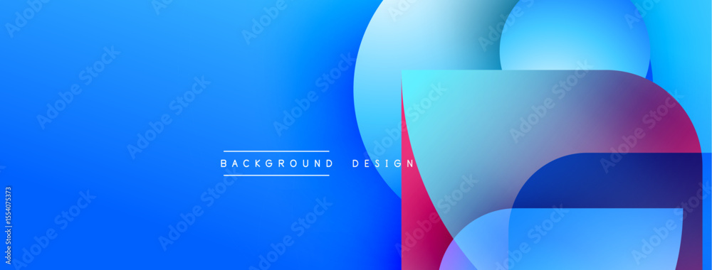 Poster Abstract blue background features overlapping circles, squares. Gradient colors create modern design element. Text reads background design.