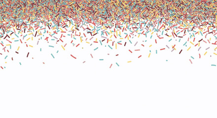 Vibrant, colorful sprinkles cascade over a clean white background, forming a cheerful design element. Ideal for celebrations, birthdays, and sweet promotions, this graphic offers ample copy space for